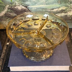 Hazel Atlas Amber Glass Footed Candy Dish Divided 3-Part Thumbprint Compote Dish
